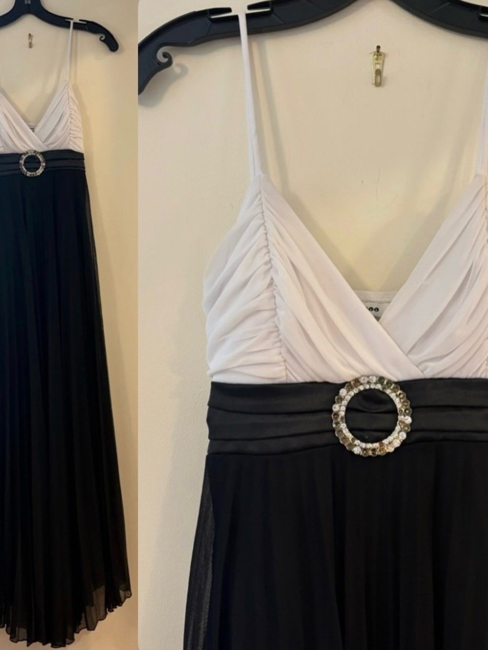 Taboo Black and White Ruched Bodice Maxi Dress with Jeweled Waist and Satin Tie